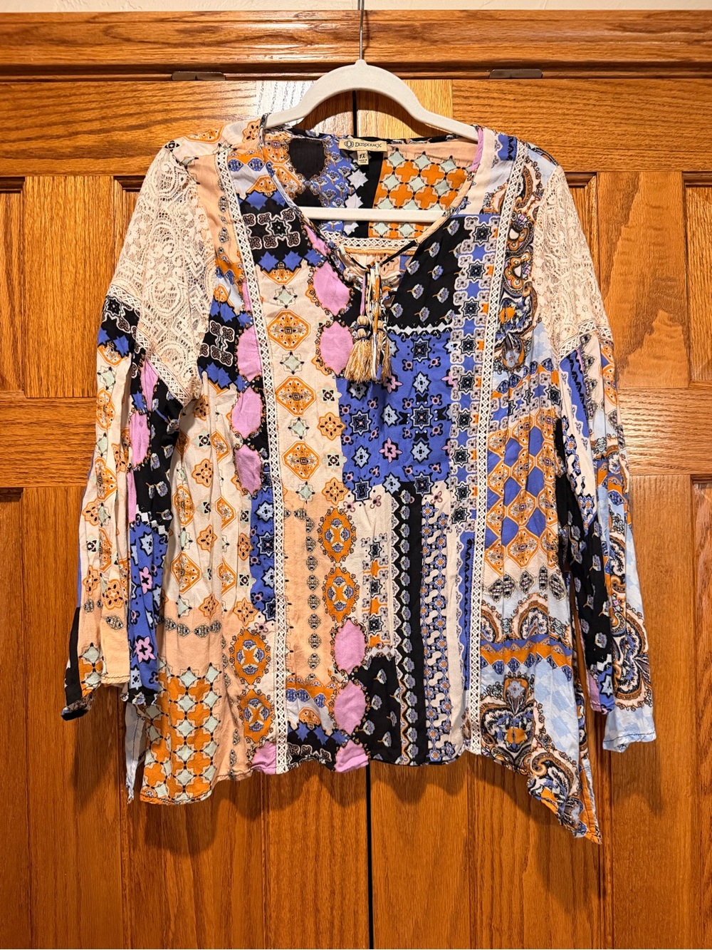 Democracy Multicolor Patchwork Lace-Trim V-Neck Tunic